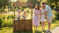 Family enjoying fresh lemonade at outdoor stand on sunny day. Parents and children gathered around wooden booth in park setting for summer refreshment and quality time together.