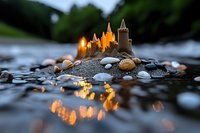 Illuminated sandcastle on riverbank with seashells and pebbles at dusk, glowing candle lights reflecting in calm water creating magical atmosphere.