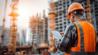 Construction worker in orange safety vest and helmet using digital tablet at building site with cranes and high-rise structures during sunset.