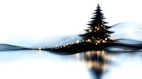 Minimalist winter landscape with lone pine tree silhouette on snowy hill, glowing golden sparkles and reflection in calm water, artistic holiday scene.