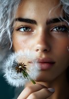 Close up portrait of young woman with silver hair and blue eyes holding dandelion seed head, soft natural lighting creates dreamy atmosphere for beauty and lifestyle content.