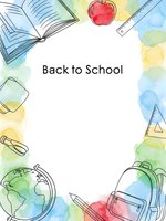 Watercolor back to school frame with educational supplies, books, apple, globe, backpack and stationery on white background for student designs.