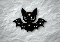 Cute black bat with starry pattern and big eyes on crumpled paper background. Mystical Halloween character design isolated and ready for decoration projects.