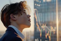 Young Asian businessman in glasses looking up at financial district skyscraper during golden sunset. Profile view captures ambition and success in corporate world.