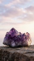 Amethyst crystal cluster resting on a rocky surface against a soft pastel sky, showcasing natural purple gemstone formations for wellness and spiritual content.