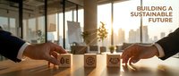 Business professionals placing wooden blocks with sustainability icons on conference table in modern office with city skyline view during golden hour meeting.