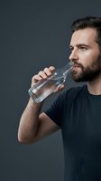 Adult male, Caucasian, wearing black t-shirt, drinking fresh water from glass bottle against neutral gray background. Hydration and wellness concept.