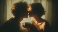 Young couple sharing intimate moment with coffee cups in warm morning light creating romantic atmosphere for relationship and love concepts.