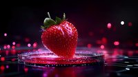Fresh ripe strawberry on wet glass surface with water drops and red bokeh lights in dark background creating romantic atmosphere.