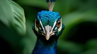 Close-up portrait of majestic peacock head showing iridescent blue feathers and distinctive facial features against natural green foliage background.