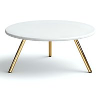Modern round coffee table with white marble top and angled gold metal legs on white background, isolated furniture piece for interior design.