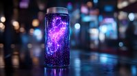 Glowing jar with magical purple and blue nebula effect on dark reflective surface against blurred city lights background creates mystical atmosphere.