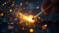Burning match igniting with bright sparks and glowing bokeh lights against dark background, creating magical atmosphere of warmth and illumination.