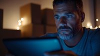 Mature bearded man with intense expression illuminated by screen light in dark room, working late at night with bokeh effects and warm ambient lighting.