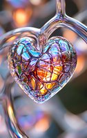 Glass heart ornament with iridescent surface reflecting rainbow colors and warm bokeh lights in background, macro photography showing intricate crystal patterns.