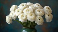 Elegant white ranunculus flowers in glass vase against soft blurred background for wedding decor, floral arrangements and romantic celebrations.