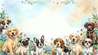 Adorable watercolor puppies border frame with floral elements and paw prints on soft pastel background for pet-themed designs and greeting cards.