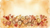 Watercolor pile of gold coins and red hearts on warm beige background with copy space, for Valentine finance greeting card.