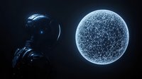 Futuristic astronaut in dark spacesuit observing glowing network sphere with interconnected nodes against black background, representing digital technology concept.