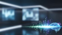 Digital brain with sound waves and audio frequency visualization on dark technology background for artificial intelligence concepts.