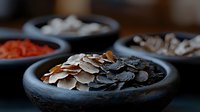 Assorted dried mushrooms in rustic ceramic bowls, featuring white, black and brown varieties arranged on dark surface with selective focus and moody lighting.