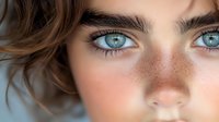 Close-up portrait of young woman with striking blue eyes, natural freckles, and wavy brown hair against soft background.