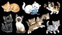 Cute kitten clipart set with eight cats in various poses, isolated on transparent background. Great for stickers, t-shirt design, print on demand, and sublimation projects.