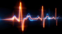 Glowing neon heartbeat pulse wave with orange and blue light effects on dark background for medical healthcare technology designs.