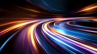 Dynamic light trails curve along a glowing path with vibrant orange, blue, and purple streaks creating an abstract motion effect against dark background.