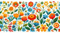 Vibrant floral seamless border pattern with orange, red and blue wildflowers on white background, perfect for textile design, packaging and decorative projects.