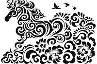 Ornate black horse silhouette with floral swirls and flying birds, decorative tribal style pattern isolated on white background for design projects and wall art.