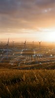 Aerial view of wind turbine farm with glowing circuit board patterns overlaid on landscape at golden hour sunset, representing renewable energy and smart grid technology for sustainable power generation.