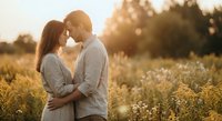 Young couple embracing intimately in golden sunset field, romantic moment with warm natural lighting and wildflowers creating dreamy outdoor atmosphere.