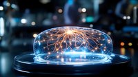 Glowing electric discharge under glass dome creates lightning-like branches with blue illumination against dark background, science visualization concept.