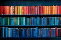 Colorful collection of books arranged by spectrum colors on wooden library shelves, perfect for education, knowledge and literature concepts in modern design.