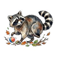 Playful raccoon with striped tail surrounded by autumn leaves and a ball, isolated on white background for design projects and seasonal marketing materials.