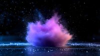 Magical cosmic cloud with pink and blue colors floating above glittering surface against dark starry background, creating ethereal atmospheric effect.