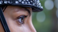 Close up portrait of young Hispanic woman's eye under studded black cap brim with soft bokeh background, showing long eyelashes and intense gaze.