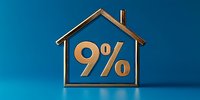 Golden house shaped frame with 9 percent symbol inside on blue gradient background, representing mortgage rates, real estate pricing, or property tax concept.