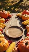 Autumn harvest arrangement with pumpkins, corn, apples, and berries surrounding empty wooden bowl on rustic table for seasonal food and holiday marketing.