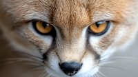 Close up portrait of caracal wild cat face showing amber eyes and distinctive facial features against blurred background, dramatic wildlife photography.