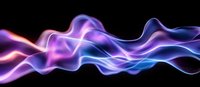Vibrant neon smoke waves in purple and blue colors flowing horizontally against black background, creating ethereal abstract light effect pattern.