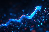 Glowing blue arrow trend line with sparkles and bokeh effects on dark background shows business growth and success in financial markets and analytics.