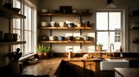 Rustic farmhouse kitchen with wooden shelves, ceramic bowls, and a farmhouse sink bathed in warm natural sunlight for home decor.