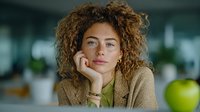 Young mixed-race woman with curly hair resting chin on hand in modern office workspace, smiling confidently at camera with green apple on desk.