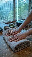Professional spa massage therapy session with hands on towel near bamboo window for relaxation and wellness treatments.