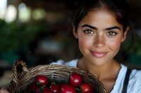 Young woman with dark hair and natural makeup smiling while holding wicker basket filled with fresh red cherries, close up portrait with soft bokeh background.