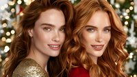 Two redhead women with glowing skin and festive makeup posing together against blurred Christmas lights background for holiday beauty campaign.