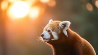 Adorable red panda portrait with warm golden sunset lighting creating magical bokeh background for wildlife photography and nature conservation content.