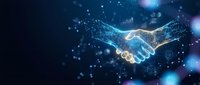 Digital handshake with glowing network connections and data particles on dark blue background for business technology and partnership concepts.